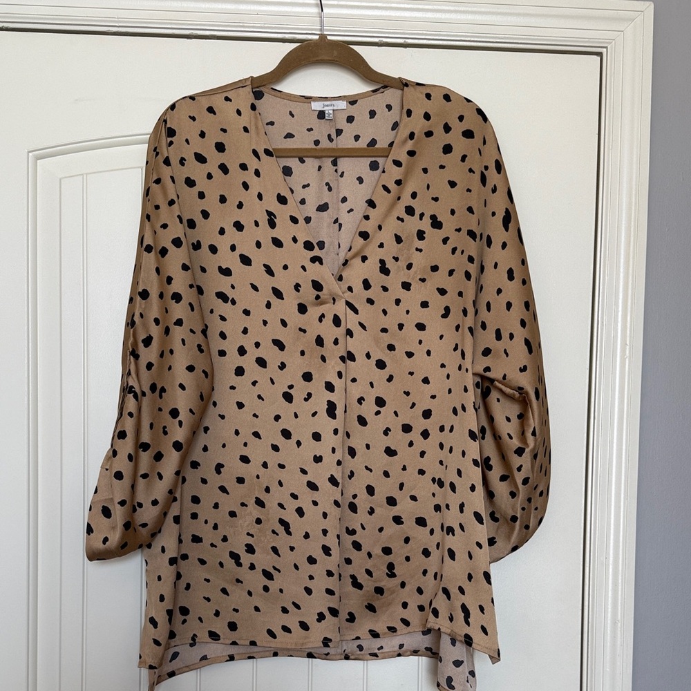 JODIFL Tan Satin V-Neck Blouse with Black Spot Print